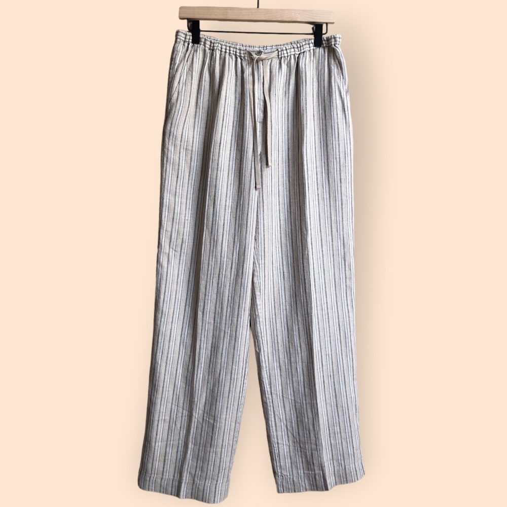 Kate Hill Casual Striped Linen Trouser Pants Neutral Natural Women’s Medium
